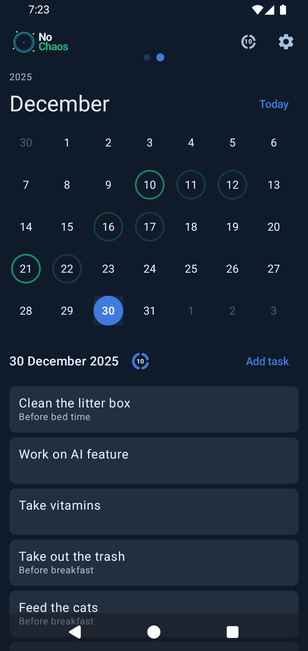 Calendar view of tasks